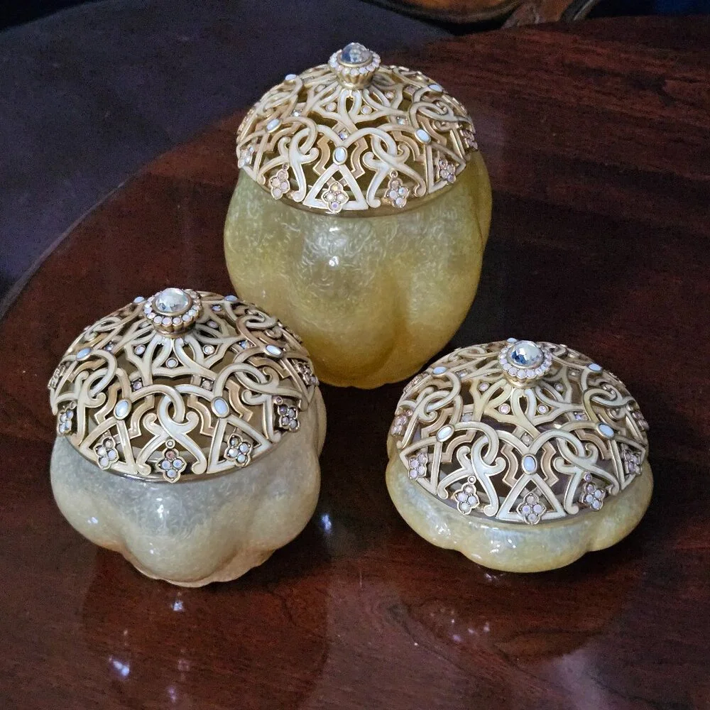 RARE SET 3 JAY STRONGWATER ARABESQUE GOLD CRYSTAL ENAMEL VANITY JAR CANISTER BOX